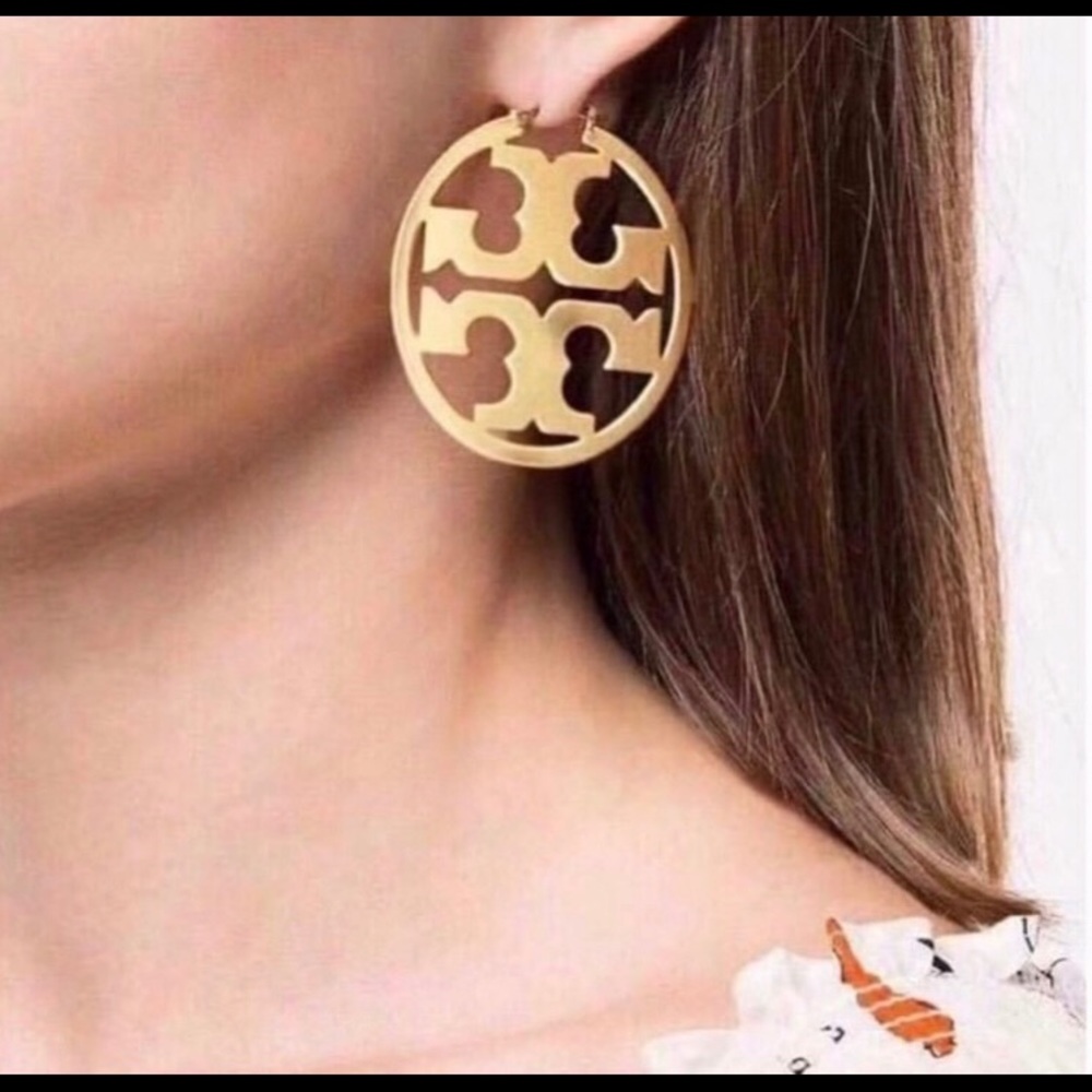 Tory Burch Miller Logo Gold Hoop Earrings - Picture 7 of 8